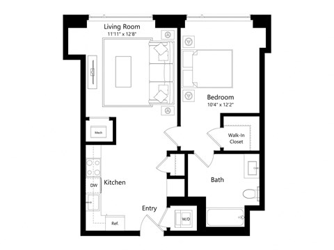 a floor plan of a unit with a bedroom and a living room